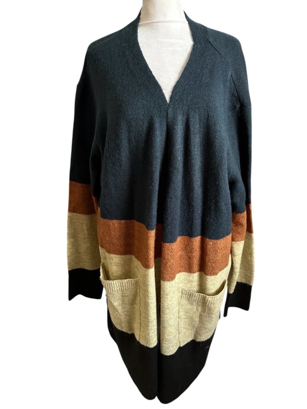 Modern Striped V-Neck Longline Sweater Cardigan in Black, Brown & Cream size XL